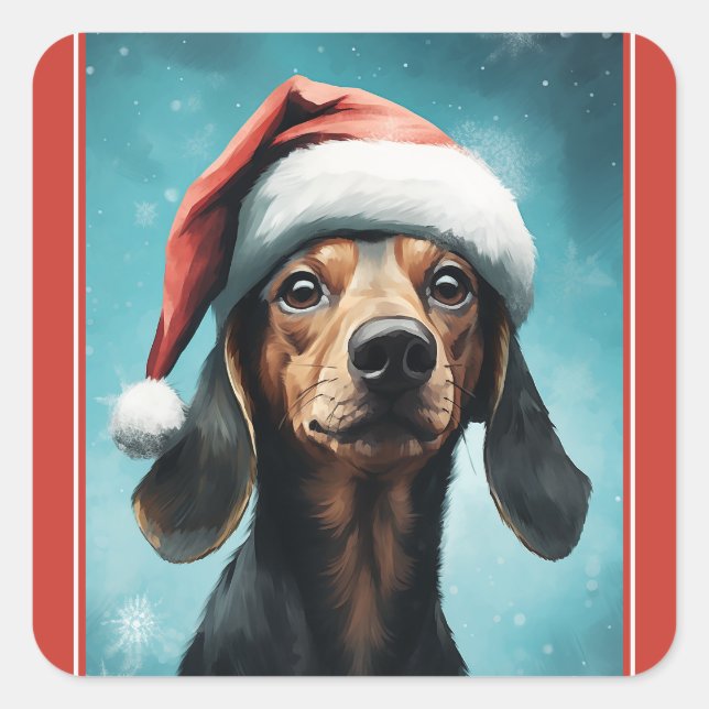 Pegatina Cuadrada Perro lindo con Navidades de Santa Hat Dachshund (Anverso)