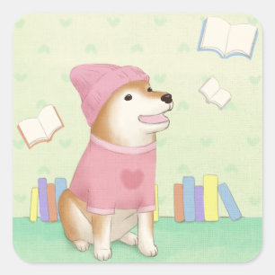 Pegatina Cuadrada Perro lindo y libros arte Ilustracion
