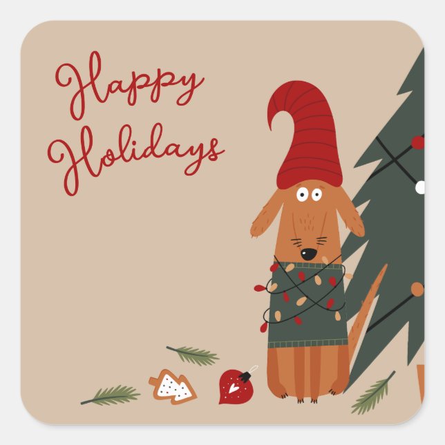 Pegatina Cuadrada Perro lindo y travesura de árbol de Navidad (Anverso)