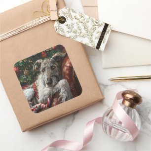 Pegatina Cuadrada Perro Lobo Sabueso Navidad Festiva