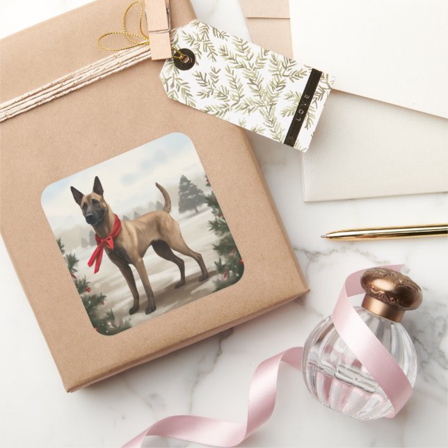 Pegatina Cuadrada Perro malinés belga en Navidades de nieve (Regalar)
