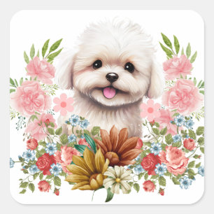 Pegatina Cuadrada Perro maltés con flores, cachorro maltés dulce