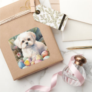 Pegatina Cuadrada Perro maltés con huevos de Pascua de vacaciones