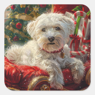 Pegatina Cuadrada Perro maltés navideño festivo