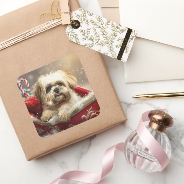 Pegatina Cuadrada Perro Malti Tzu Fiesta Navideña (Regalar)