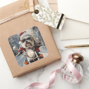 Pegatina Cuadrada Perro Malti Tzu montando motocicleta Navidad