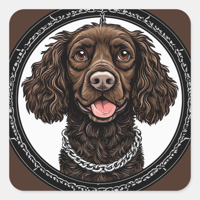 Pegatina Cuadrada Perro marrón con una cadena y círculo decorativo (Anverso)