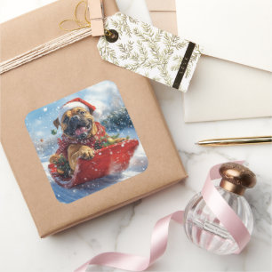 Pegatina Cuadrada Perro masticador en escabeche deja que nieve Navid