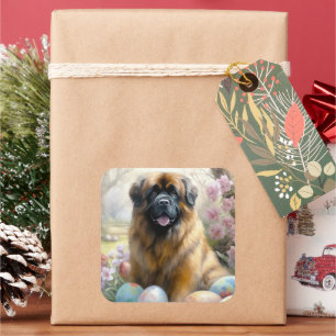 Pegatina Cuadrada Perro Mastín Tibetano con huevos de Pascua Fiesta 