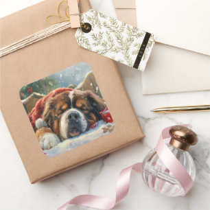 Pegatina Cuadrada Perro Mastín Tibetano Navidad Festiva