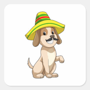 Pegatina Cuadrada Perro mexicano con gorra de paja