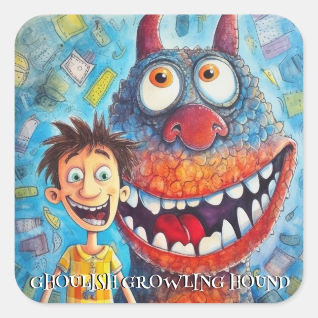 Pegatina Cuadrada Perro monstruo gracioso: (Anverso)