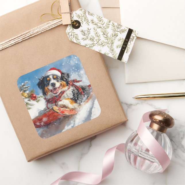 Pegatina Cuadrada Perro montañés de Bernese en Navidades de escabech (Regalar)
