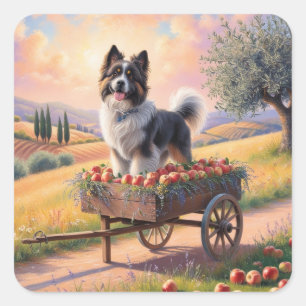 Pegatina Cuadrada Perro montañés suizo parado en carreta de manzanas