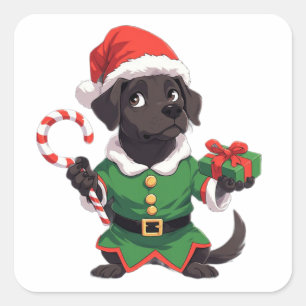 Pegatina Cuadrada Perro negro duende de Navidad con bastón de carame