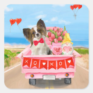 Pegatina Cuadrada Perro Papillon Camión de corazones del día de San