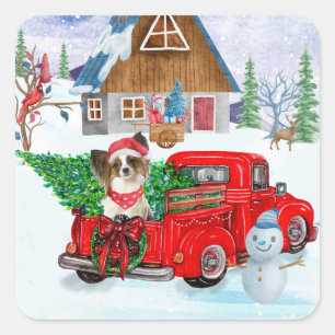 Pegatina Cuadrada Perro Papillon en camión de entrega de Navidad nie