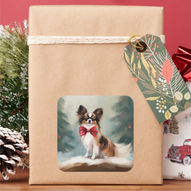 Pegatina Cuadrada Perro Papillon en Navidad con nieve  (Vacaciones)