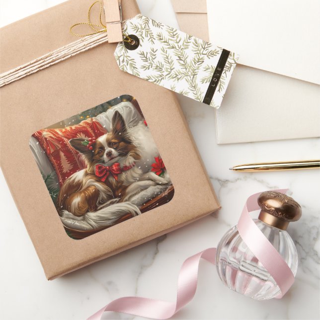 Pegatina Cuadrada Perro Papillon Navidad Festiva (Regalar)