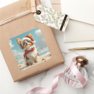 Pegatina Cuadrada Perro Papillon Navidad Vintage Playa