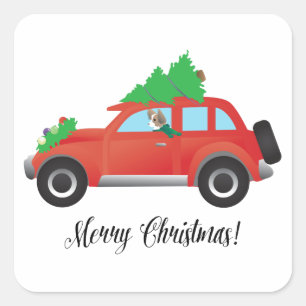 Pegatina Cuadrada Perro papilón o chihuahua en coche de Navidades