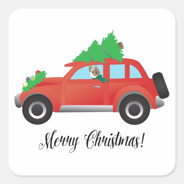 Pegatina Cuadrada Perro papilón o chihuahua en coche de Navidades (Anverso)
