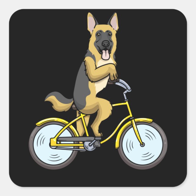 Pegatina Cuadrada Perro pastor alemán en bicicleta (Anverso)