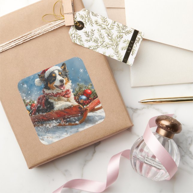 Pegatina Cuadrada Perro pastor australiano en espantadas navidades (Regalar)