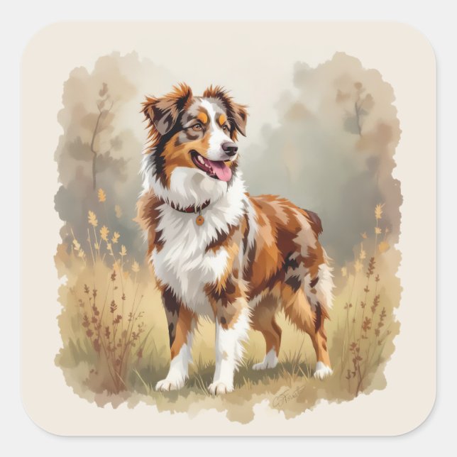 Pegatina Cuadrada Perro Pastor Australiano Merle Rojo Aussie (Anverso)