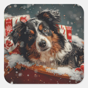 Pegatina Cuadrada Perro Pastor Australiano Navidad Festiva
