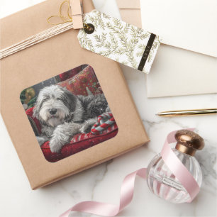 Pegatina Cuadrada Perro Pastor Inglés Antiguo Navidad Festiva