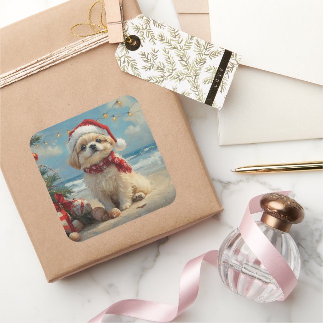 Pegatina Cuadrada Perro Pekinés Navidad Vintage Playa (Regalar)