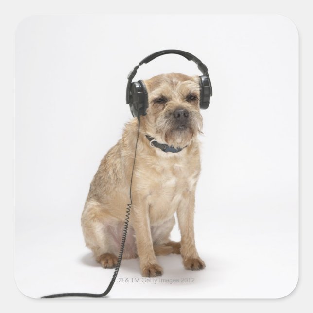 Pegatina Cuadrada Perro pequeño con auriculares (Anverso)