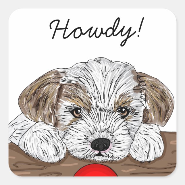 Pegatina Cuadrada Perro perrito lindo dibujado a mano suave Howdy (Anverso)