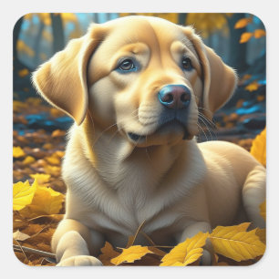 Pegatina Cuadrada Perro picante jugando en hojas de otoño