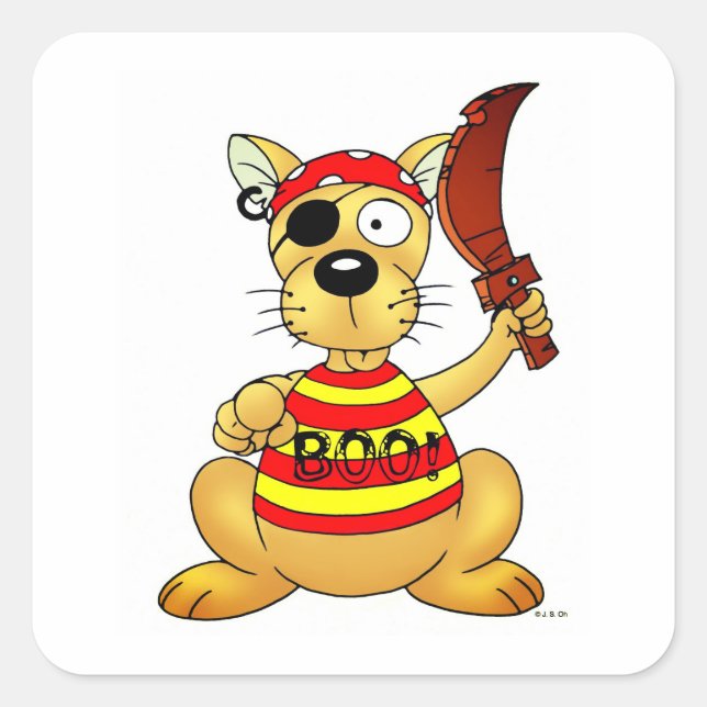 Pegatina Cuadrada Perro Pirata Divertido con Espada de Juguete (Anverso)