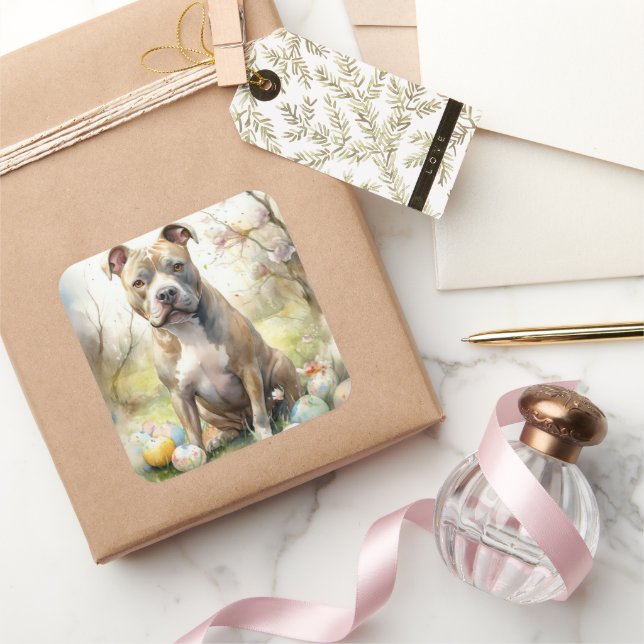 Pegatina Cuadrada Perro Pitbull con vacaciones en Pascua (Regalar)