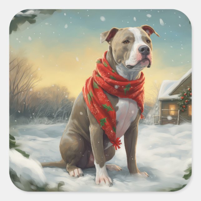 Pegatina Cuadrada Perro Pitbull en Navidad con Nieve (Anverso)