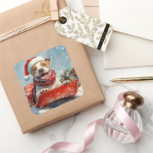 Pegatina Cuadrada Perro Pitbull en Trineo Deja que Nieve Navidad