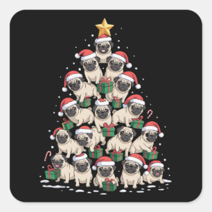 Pegatina Cuadrada Perro Pug árbol de Navidad Navidades Lindas Perros
