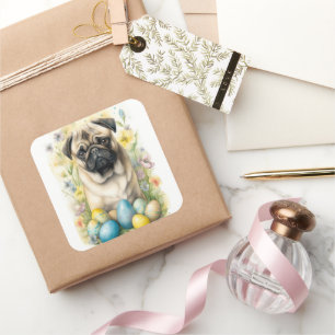 Pegatina Cuadrada Perro Pug con huevos de Pascua Fiesta 