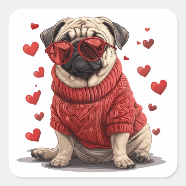 Pegatina Cuadrada Perro Pug día de San Valentín (Anverso)