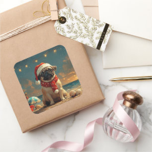 Pegatina Cuadrada Perro Pug Navidad Vintage Playa