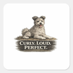 Pegatina Cuadrada Perro Pumi – Rizado Fuerte Perfecto