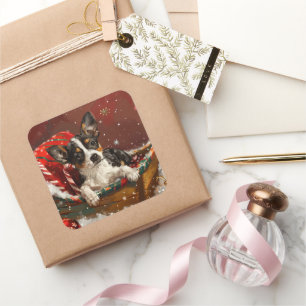 Pegatina Cuadrada Perro Rat Terrier Navideño Festivo