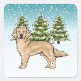 Pegatina Cuadrada Perro Retriever Dorado Amarillo Navidad Azul Nevad