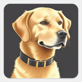 Pegatina Cuadrada Perro Retriever Dorado con Collar de Cuero