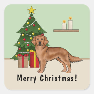 Pegatina Cuadrada Perro Retriever Dorado Rojo Con Árbol de Navidad