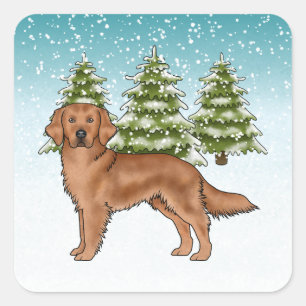 Pegatina Cuadrada Perro Retriever Dorado Rojo Navidad Azul Nevada