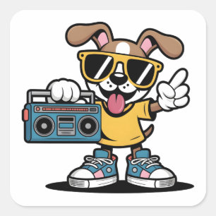 Pegatina Cuadrada Perro Retro Hip Hop: Cool Cartoon Puppy 